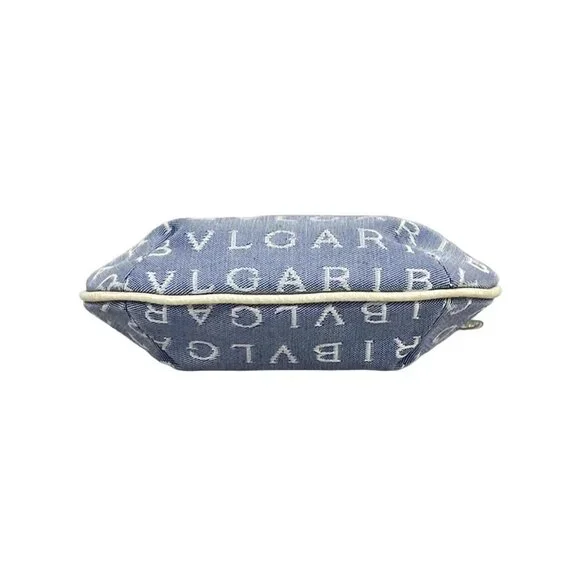 BVLGARI Logo Mania Light Blue Cream Jacquard Leather Shoulder Bag